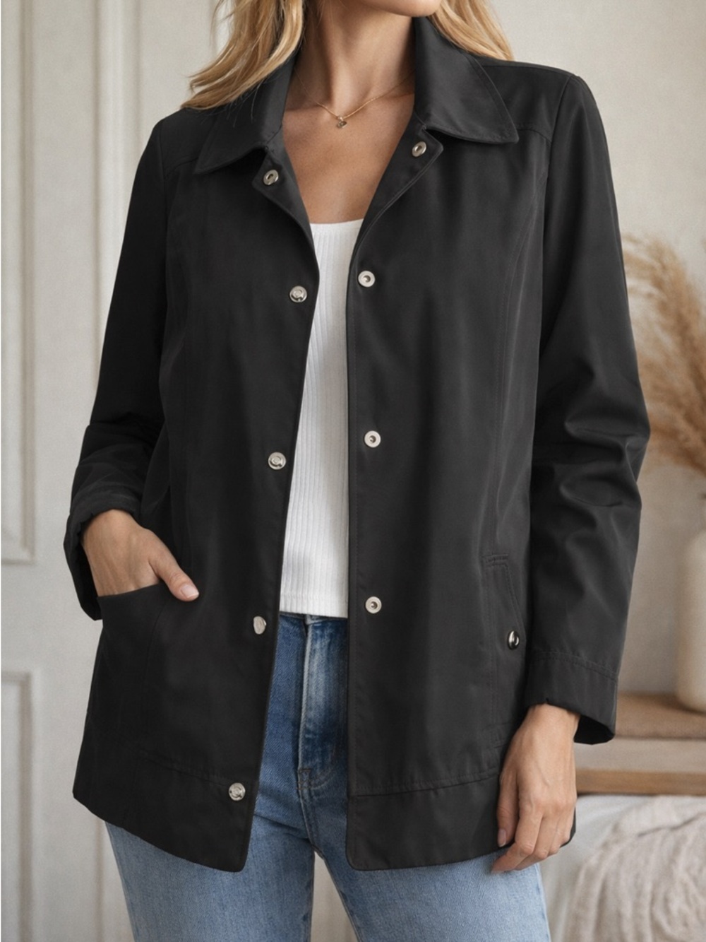 Anne Klein Black Lightweight Jacket Snap Front Size L Minimalist Classic